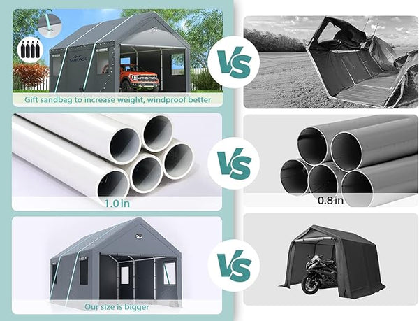 10x20 ultra large portable carport garage with rolling shutter windows and waterproof cloth, metal roof and side walls
