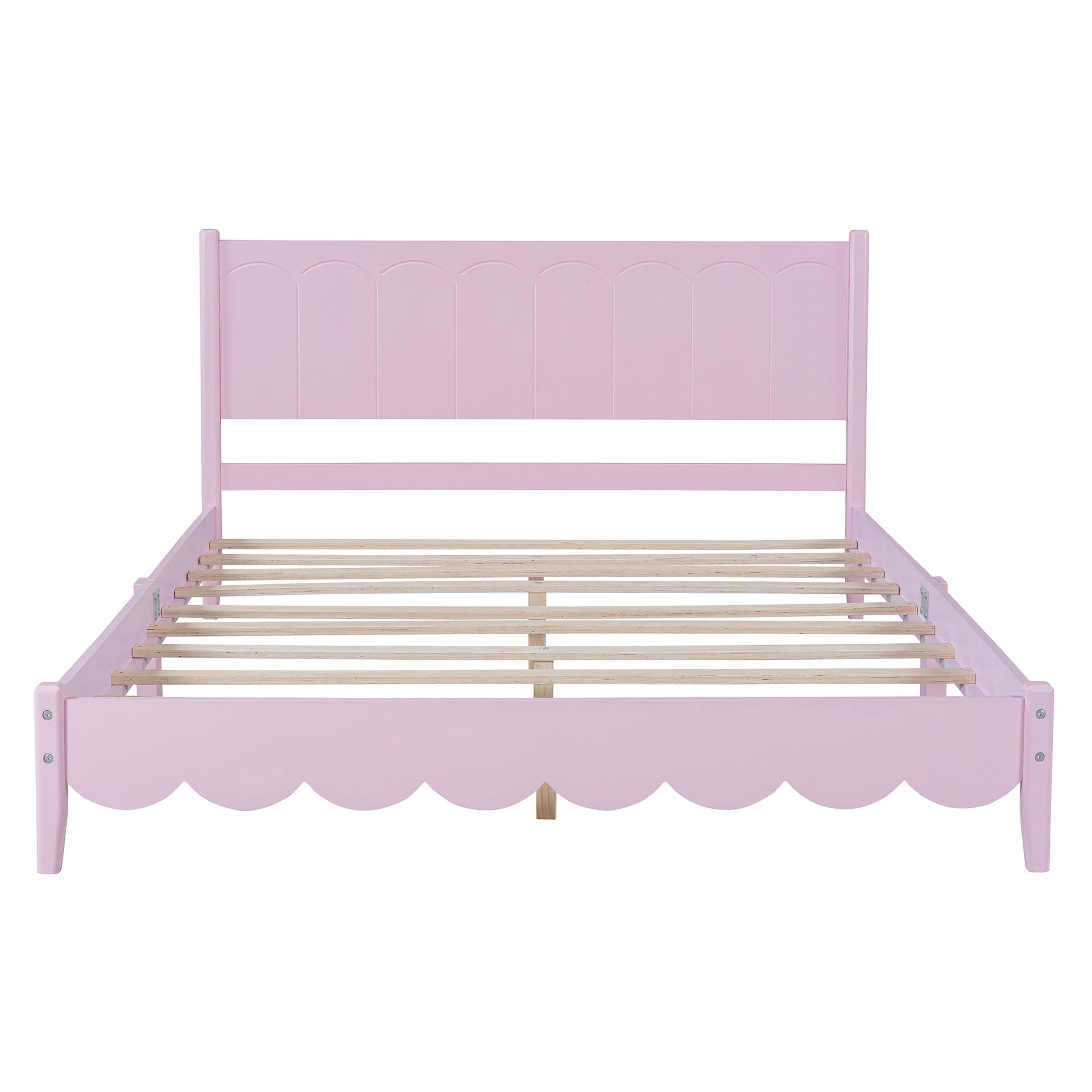 Queen Size Wood Platform Bed Frame, Retro Style Bed with Rectangular Headboard,No Need Box Spring,Pink