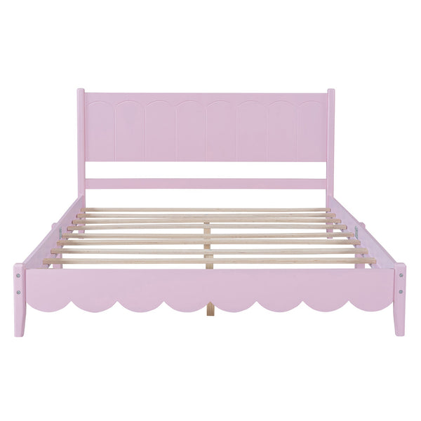 Queen Size Wood Platform Bed Frame, Retro Style Bed with Rectangular Headboard,No Need Box Spring,Pink