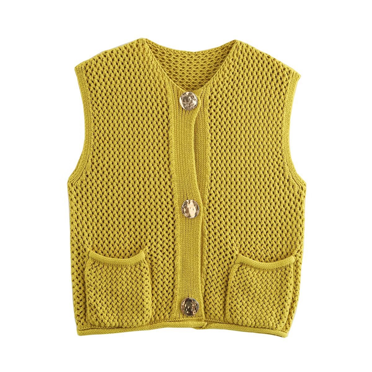 Street Fashion Crochet Hollow Vest Solid Color Versatile Round Neck Jacket
