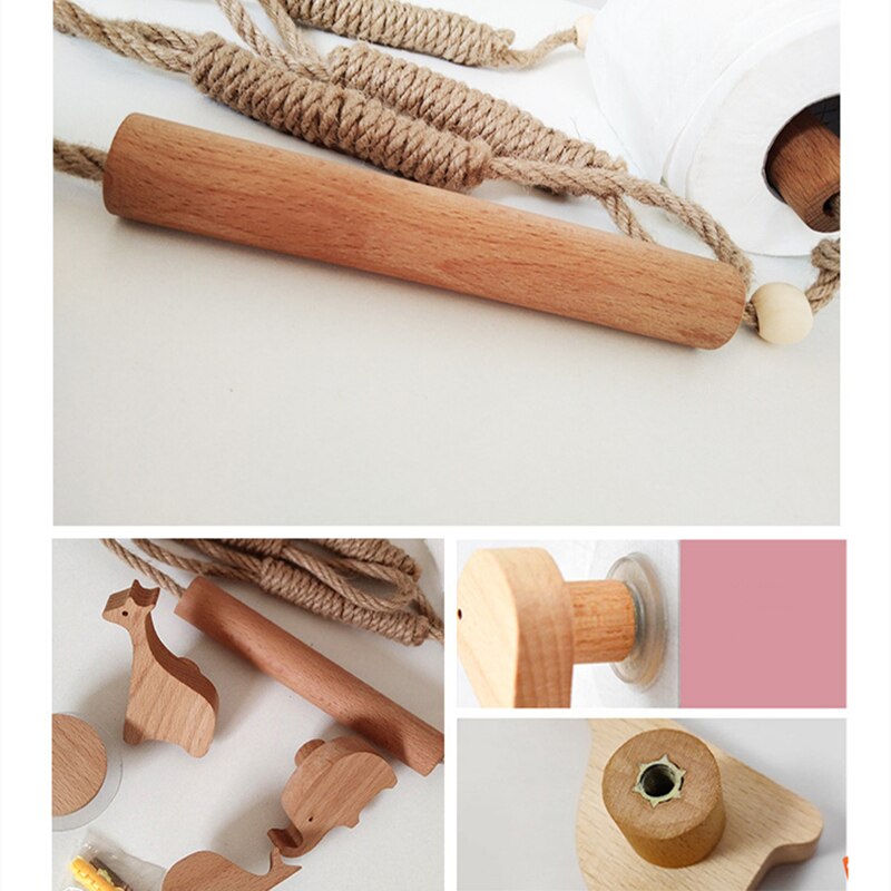 Nordic Indoor Wooden Solid Wood Hemp Rope Animal Tissue Holder Children's Room Decoration Wall Hanger Hemp Rope Hook Toilet Paper Holder