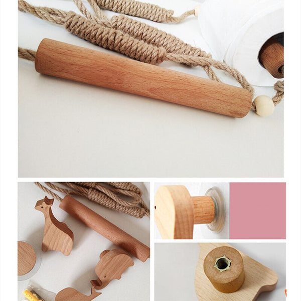 Nordic Indoor Wooden Solid Wood Hemp Rope Animal Tissue Holder Children's Room Decoration Wall Hanger Hemp Rope Hook Toilet Paper Holder