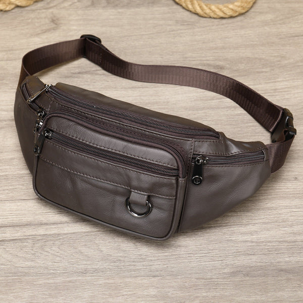 Men's sheepskin waist bag outdoor black mobile phone sheepskin bag leisure sports crossbody chest bag