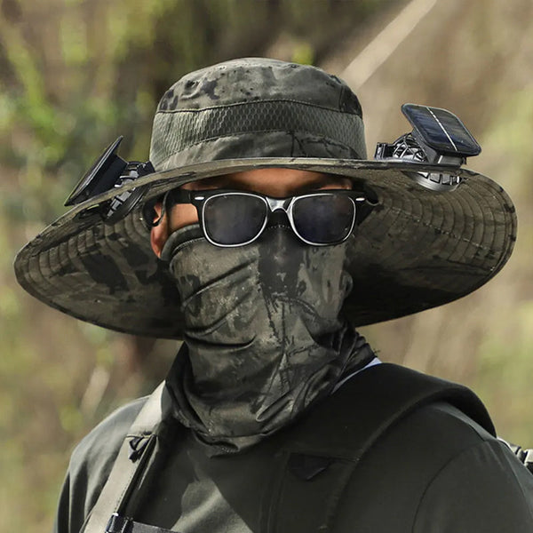 Solar fan hat: wide - brim bucket hat with 2 solar fans, men’s summer cap for outdoor fishing, camping, hiking.