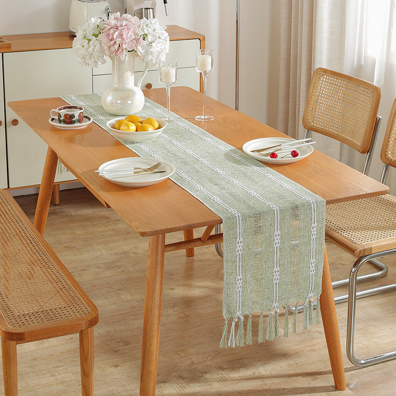 Hand - woven cotton and linen table flag with hollow tassels, suitable for household and rural dining tables