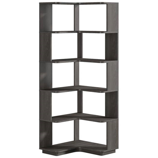 Multifunctional 6 Shelf Corner L-Shaped Bookcase in Dark Grey Wood Finish