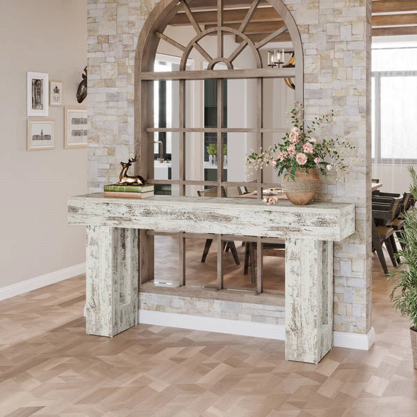 Modern Farmhouse 63-inch Console Sofa Table in Rustic White Wood Finish