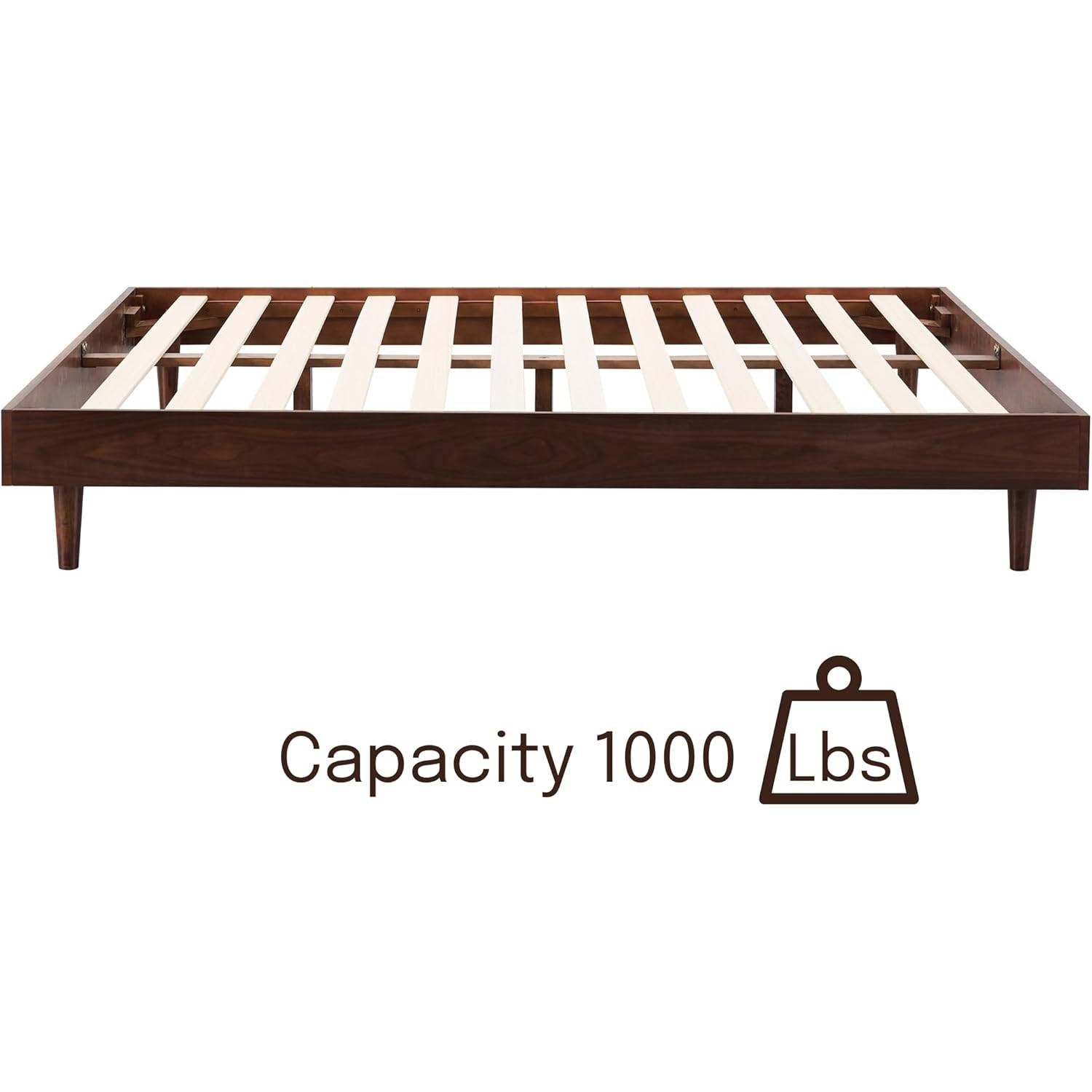 King size Mid-Century Modern Platform Bed Frame in Dark Brown Wood Finish