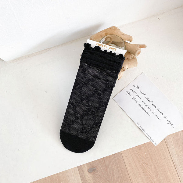 1 pair of socks for women summer thin black middle tube socks Japanese lace ballet style socks mesh breathable pile socks