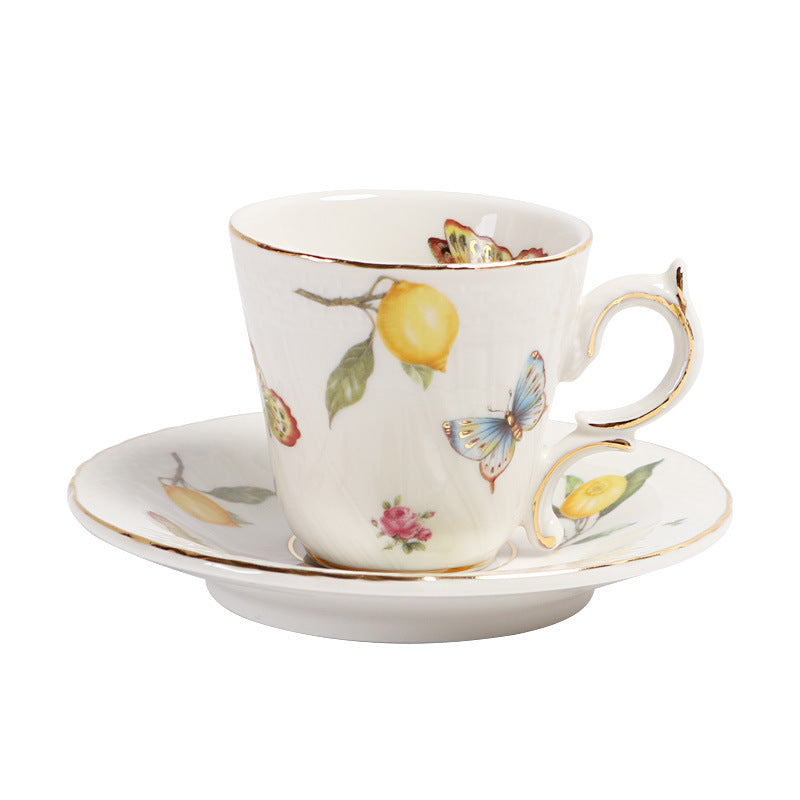 European - style Elegant Lemon Espresso Cups Set: Includes Tea Cups, Saucers, Ceramic Mugs, and a Dessert Plate