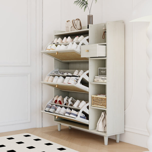 Natural Bohemian style shoe cabinet with 3 rattan flip drawers, 3 square shelves, and 1 storage drawer, white