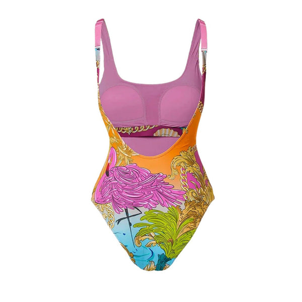 Cartoon print contrasting one-piece swimsuit set for women