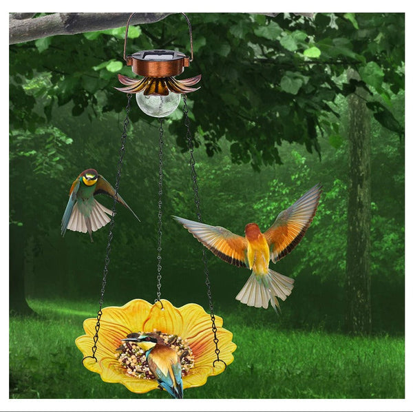 Solar Hanging Bird Bath for Outdoors 24 inch Glass Bird Feeder Sunflower Tray Crackle Ball Light Waterproof Yard Garden Decorati