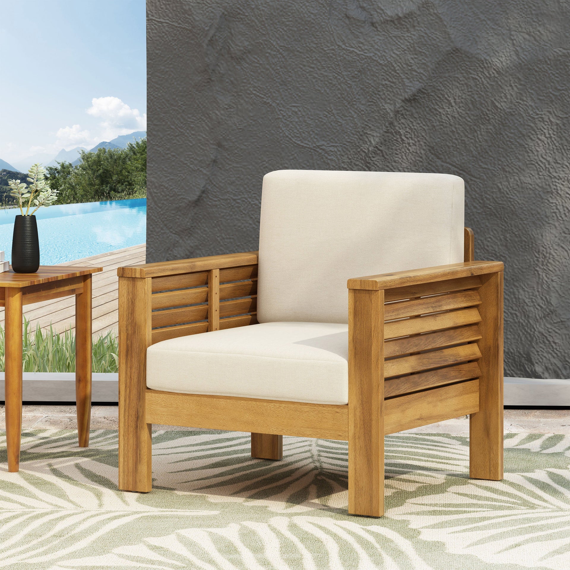 Outdoor Acacia Wood Club Chairs with Cushions, Teak+Beige, 27.75