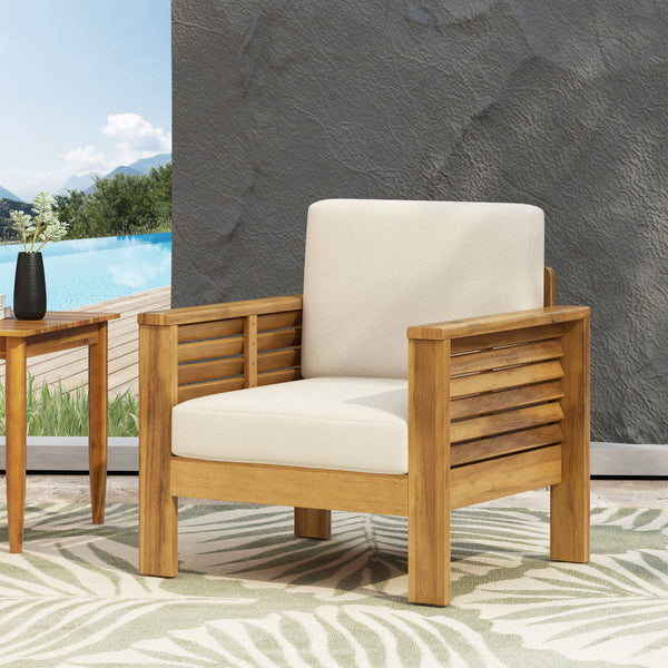 Outdoor Acacia Wood Club Chairs with Cushions, Teak+Beige, 27.75