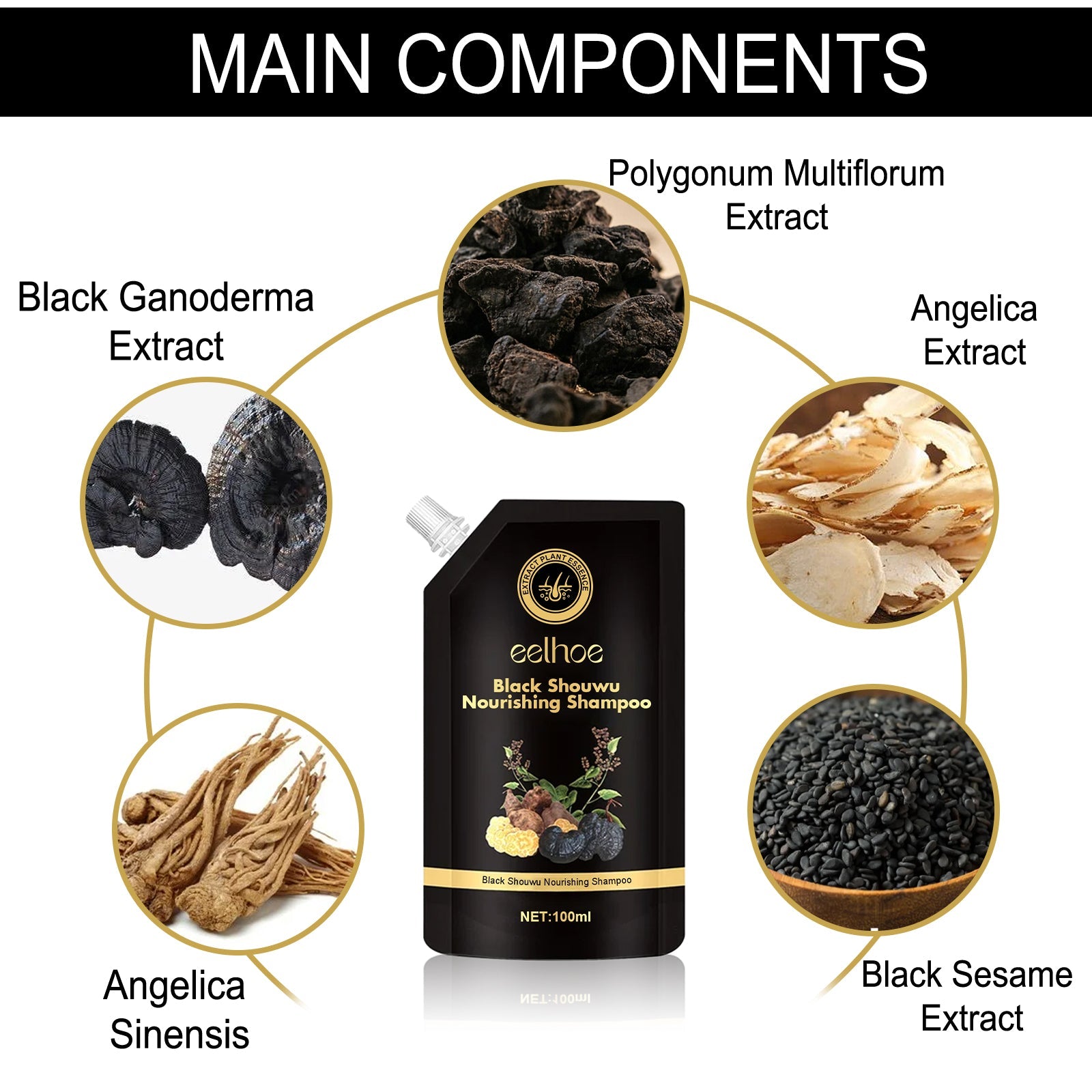 Black Ganoderma Multiflorum Shampoo Natural Black Hair Thick Moisturizing Scalp Soft Wash