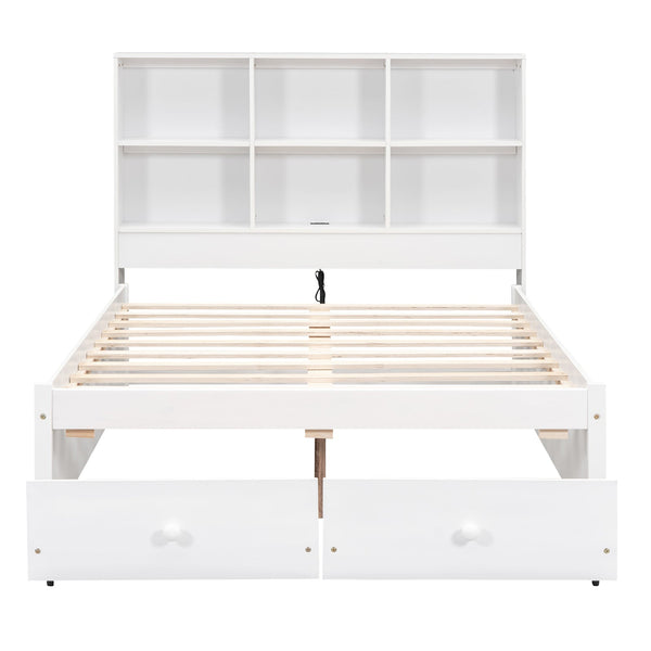 Full Size Platform Bed with Storage Headboard, Charging Station and 2 Drawers White