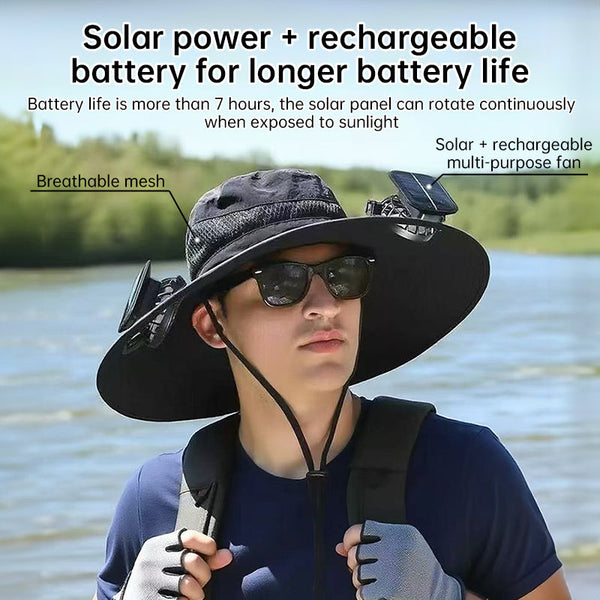 Solar fan hat: wide - brim bucket hat with 2 solar fans, men’s summer cap for outdoor fishing, camping, hiking.