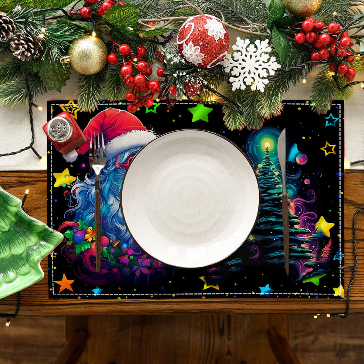 Christmas table mat with white linen starry sky and Santa Claus print