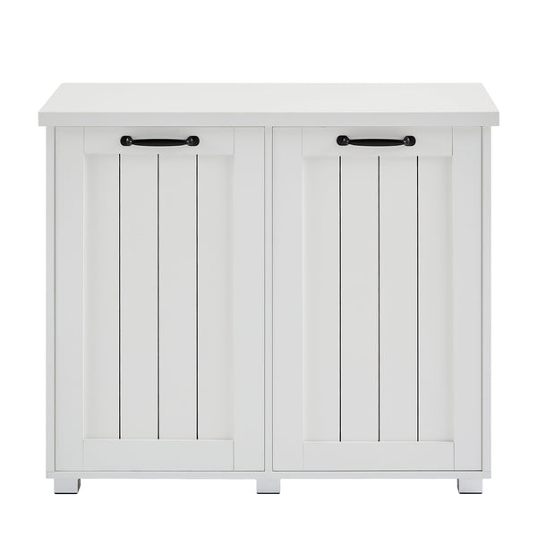 Two room inclined garbage bin, anti pet kitchen garbage bin with cutting board, independent laundry sorting cabinet, white