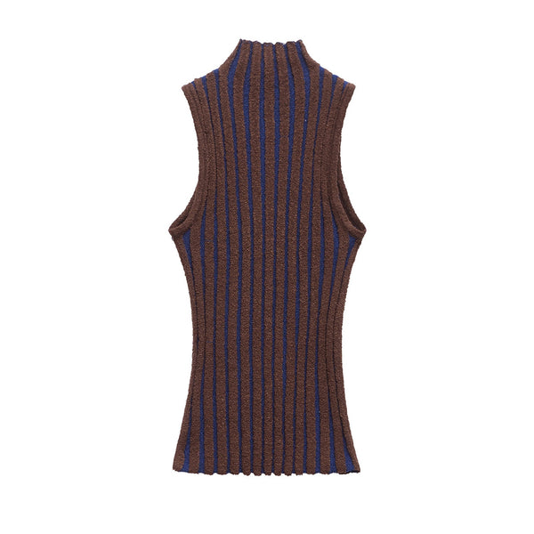 Half high neck sleeveless slim knit sweater for women