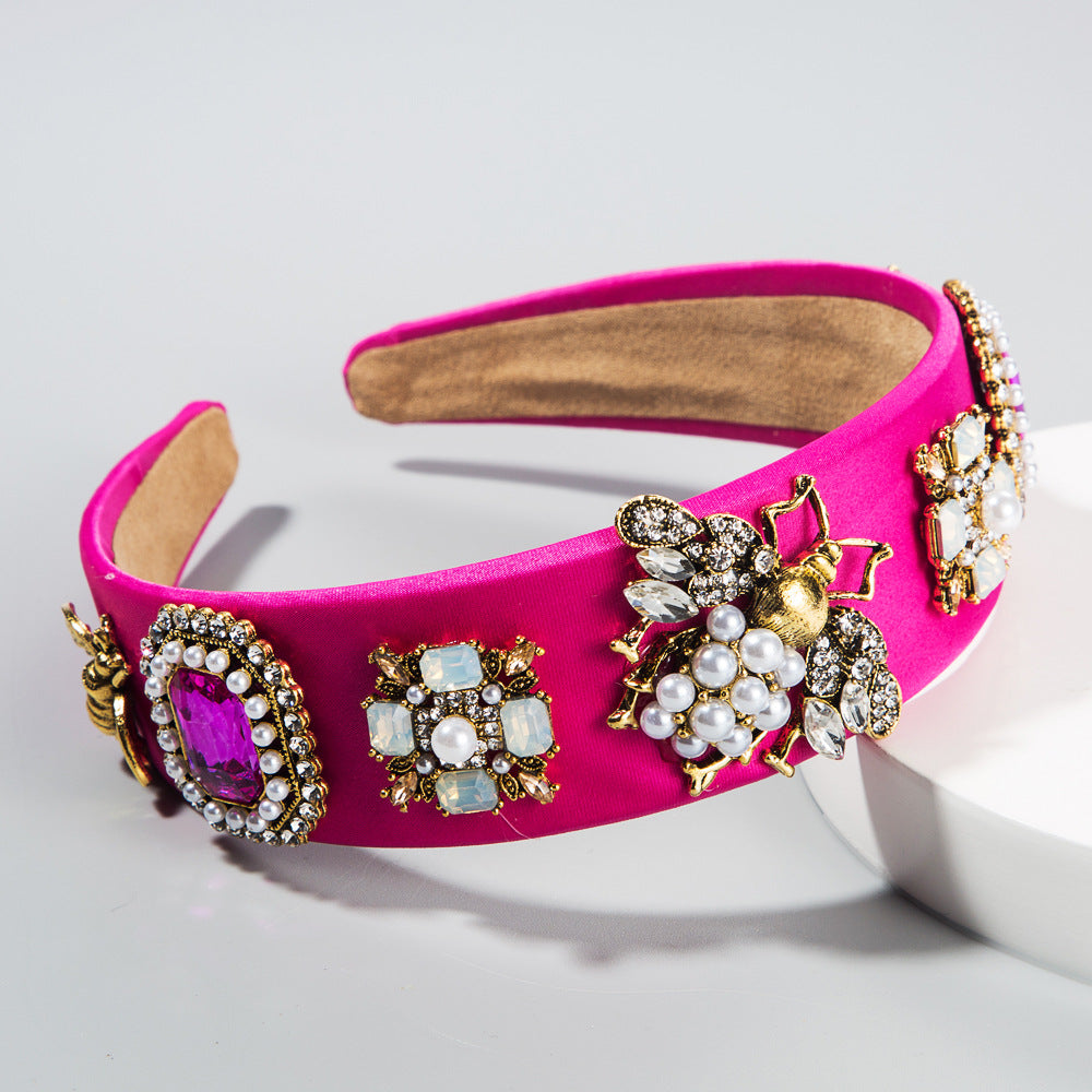 Creative Baroque Headband With Rhinestones Pearl Headband Bee Colorful Fabric Garland Headgear