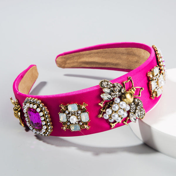 Creative Baroque Headband With Rhinestones Pearl Headband Bee Colorful Fabric Garland Headgear