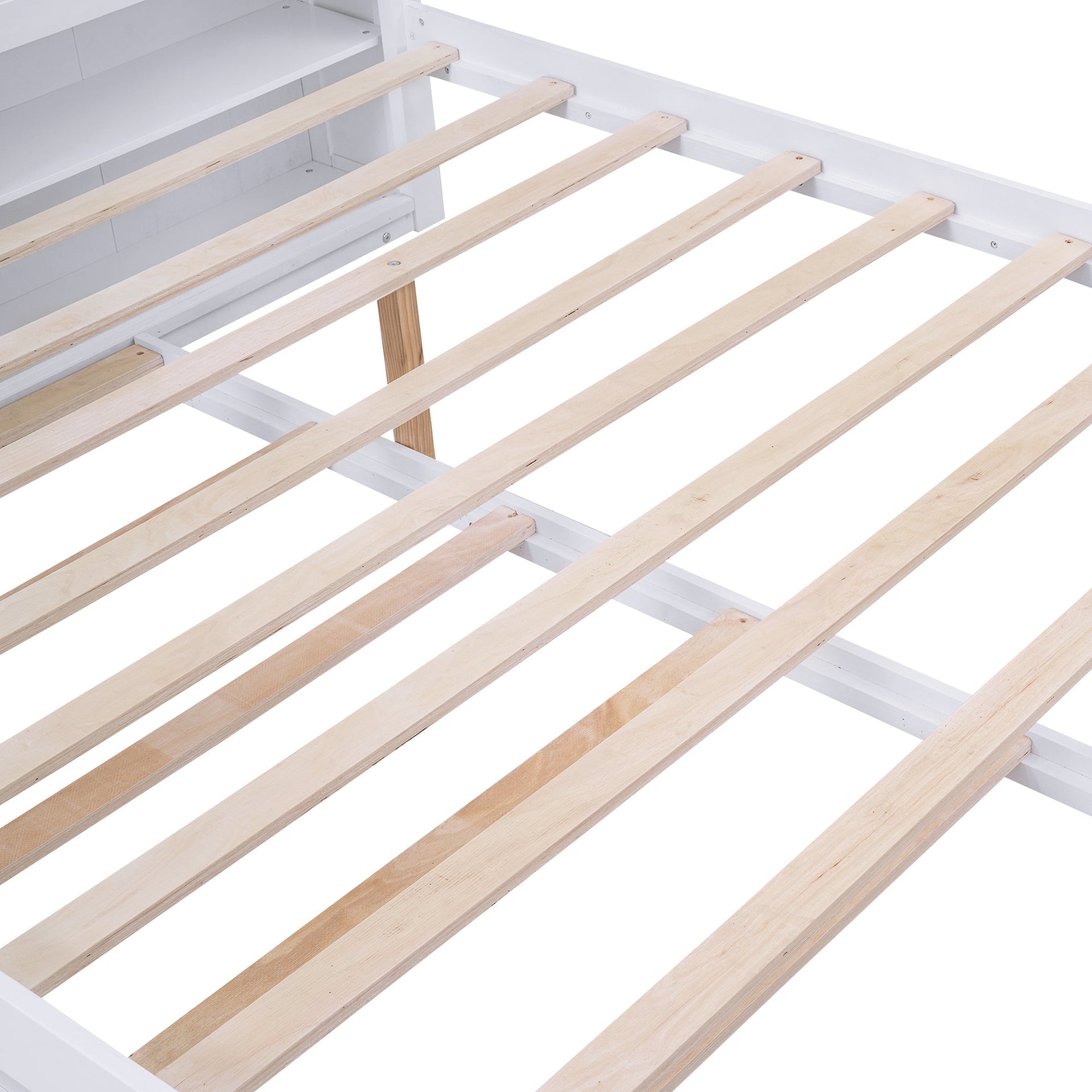 Queen Size Storage Platform Bed with Pull Out Shelves and Twin XL Size Trundle  White