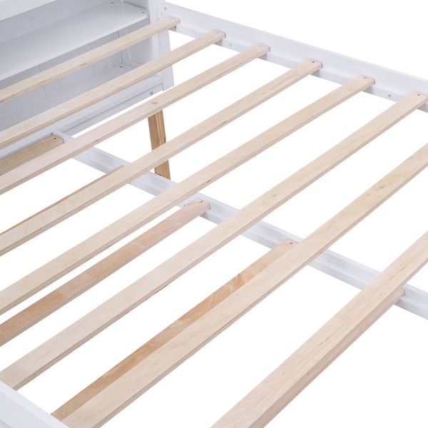 Queen Size Storage Platform Bed with Pull Out Shelves and Twin XL Size Trundle  White