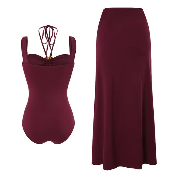 Strap decoration hollow neck hanging strap one-piece swimsuit women's long skirt set