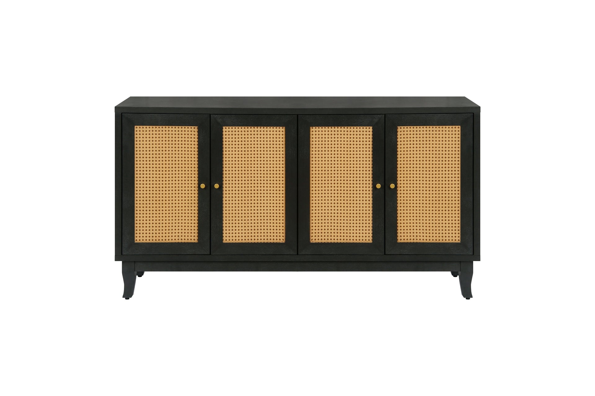 Handcrafted Premium Grain Panels Rattan Sideboard Buffer Cabinet Accent Storage Cabinet With 4 Rattan Doors BLACK