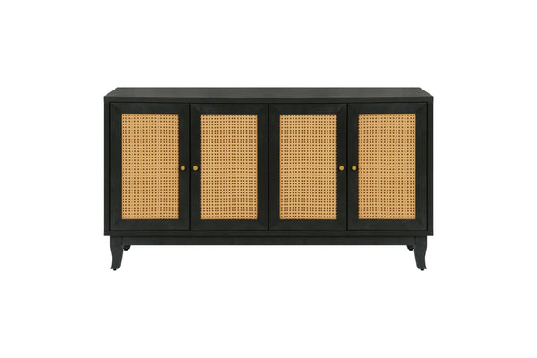 Handcrafted Premium Grain Panels Rattan Sideboard Buffer Cabinet Accent Storage Cabinet With 4 Rattan Doors BLACK