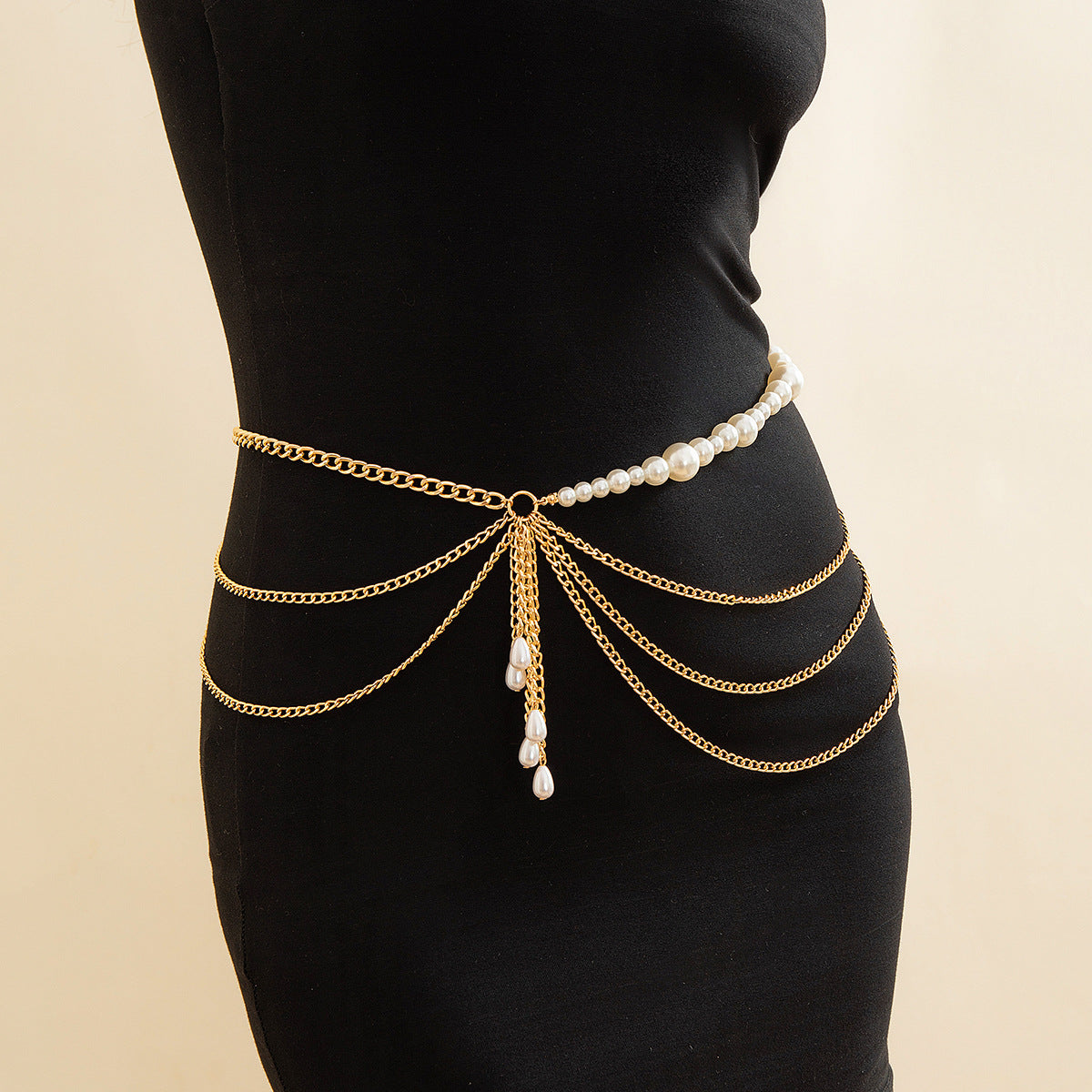 Ins style double-layer pearl retro love bow tassel Waist chain