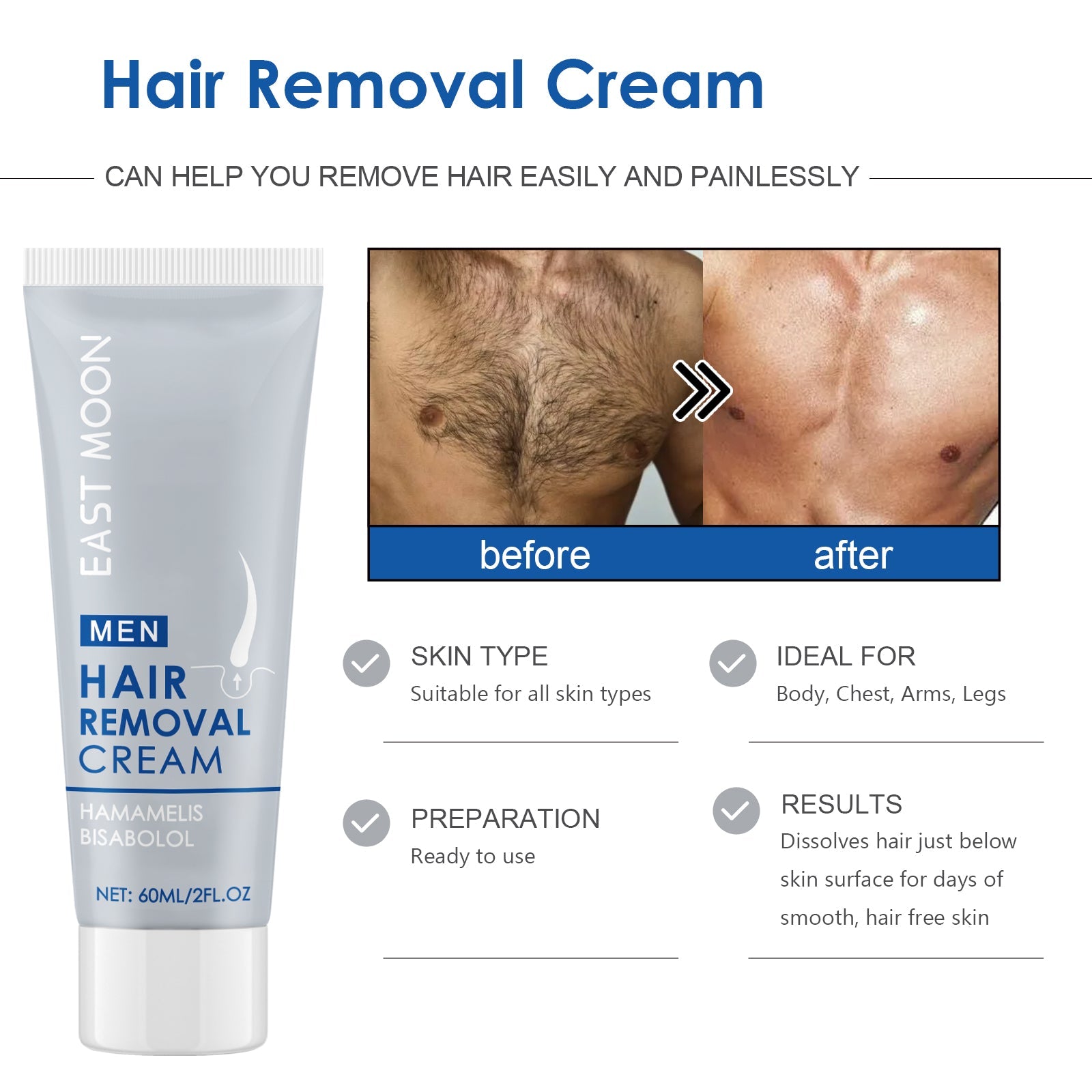 Hair Removal Cream, For Men Men's Underarm Arm And Leg Hair Gentle Non-Irritating Cleaning Hair Removal Cream