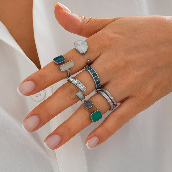 French retro irregular alloy ring light luxury style geometric drip oil ring set