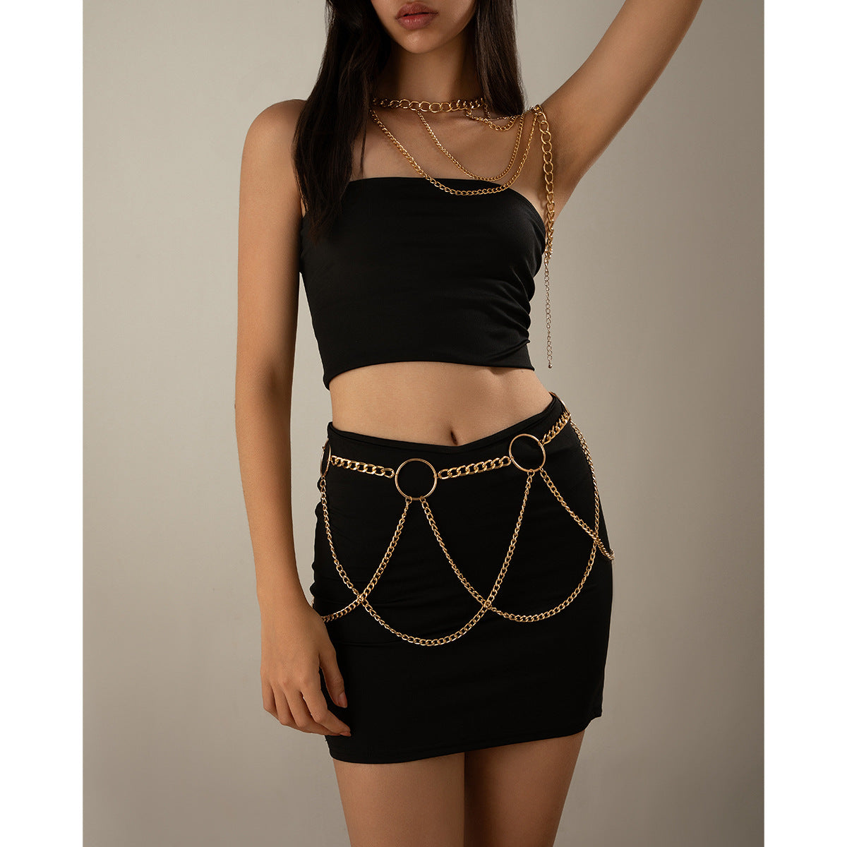 Punk women's hollow metal tassel chest chain U-shaped cross sexy French waist chain
