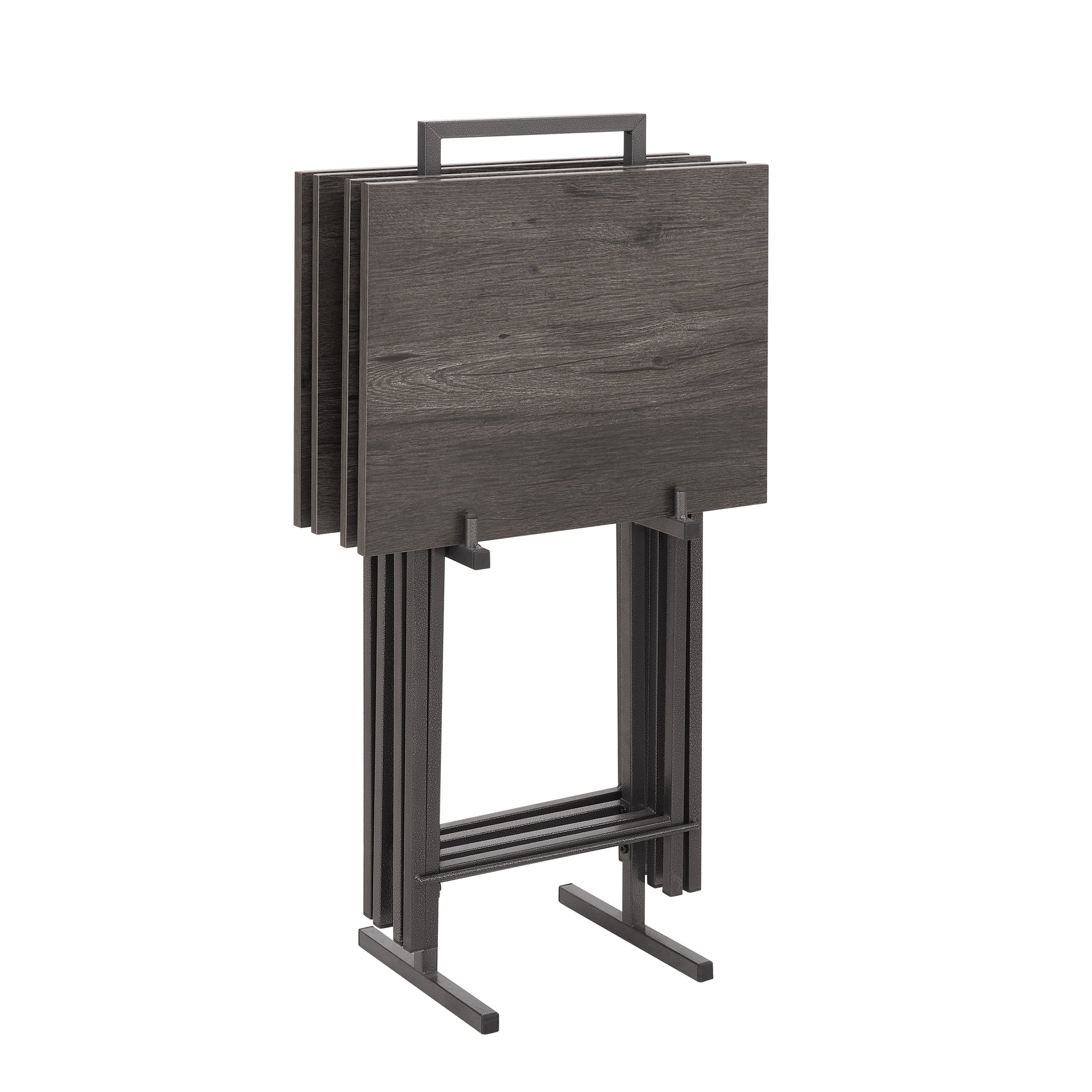 Folding office desk TV tray table set of 4 TV trays with storage rack wooden folding TV tray foldable snack table, rural gray