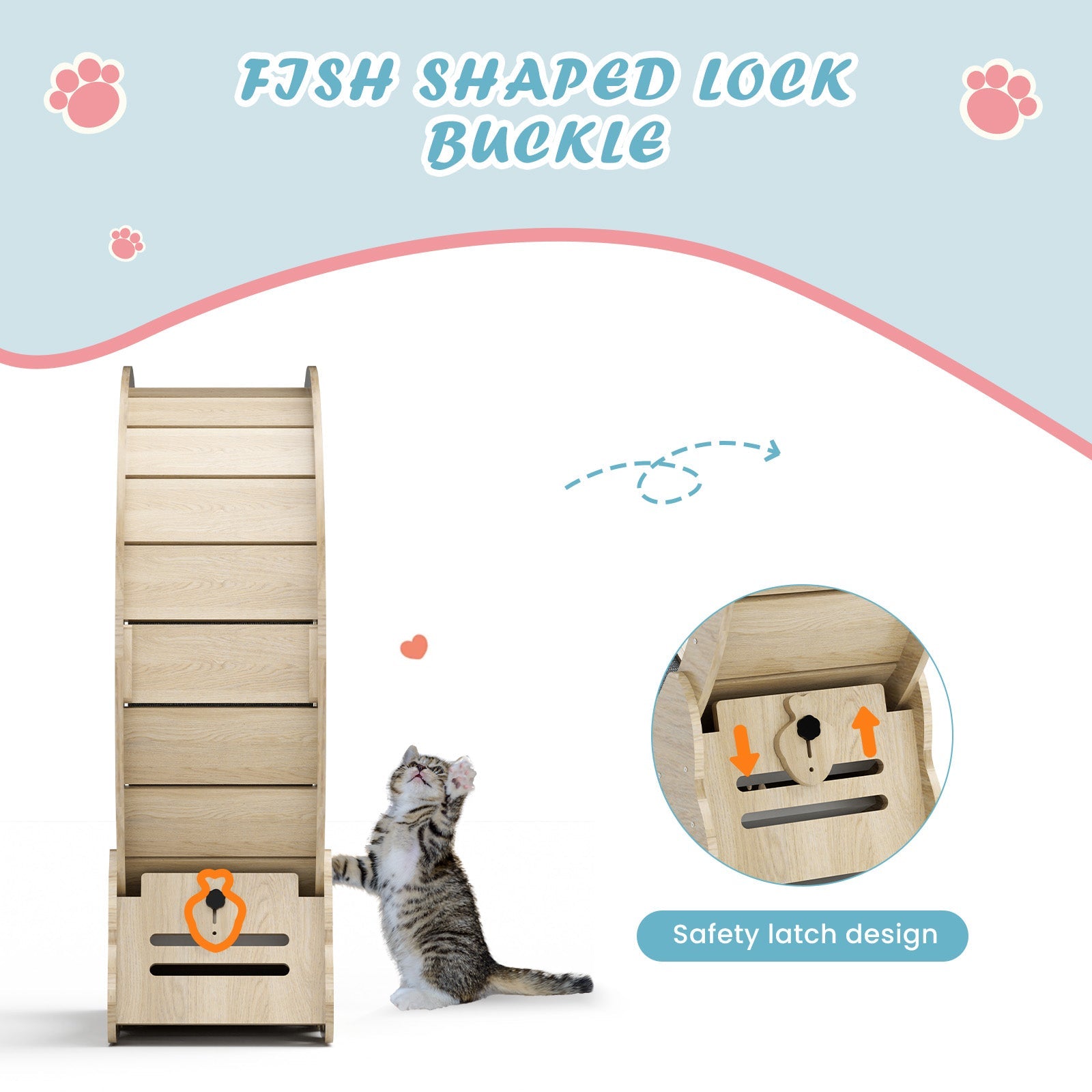 Indoor cat treadmill with carpet, tear device and latch natural wood, 39.4 inches long x 13.2 inches wide x 41.3 inches high