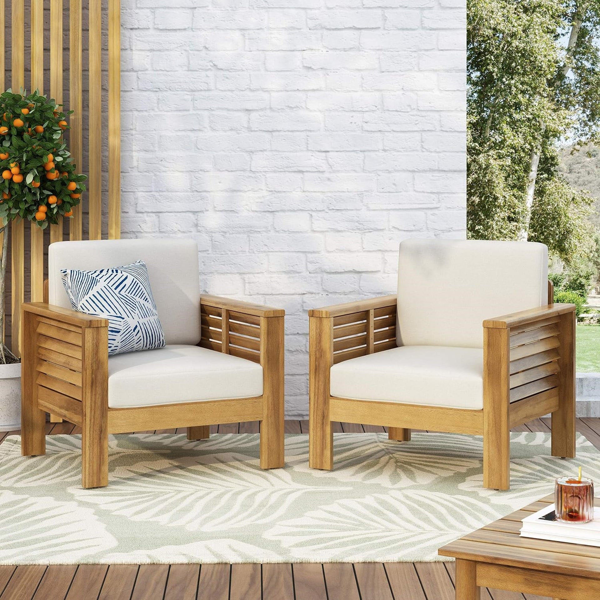 ( Set of 2) Outdoor Acacia Wood Club Chairs with Cushions, Teak+Beige, 27.75