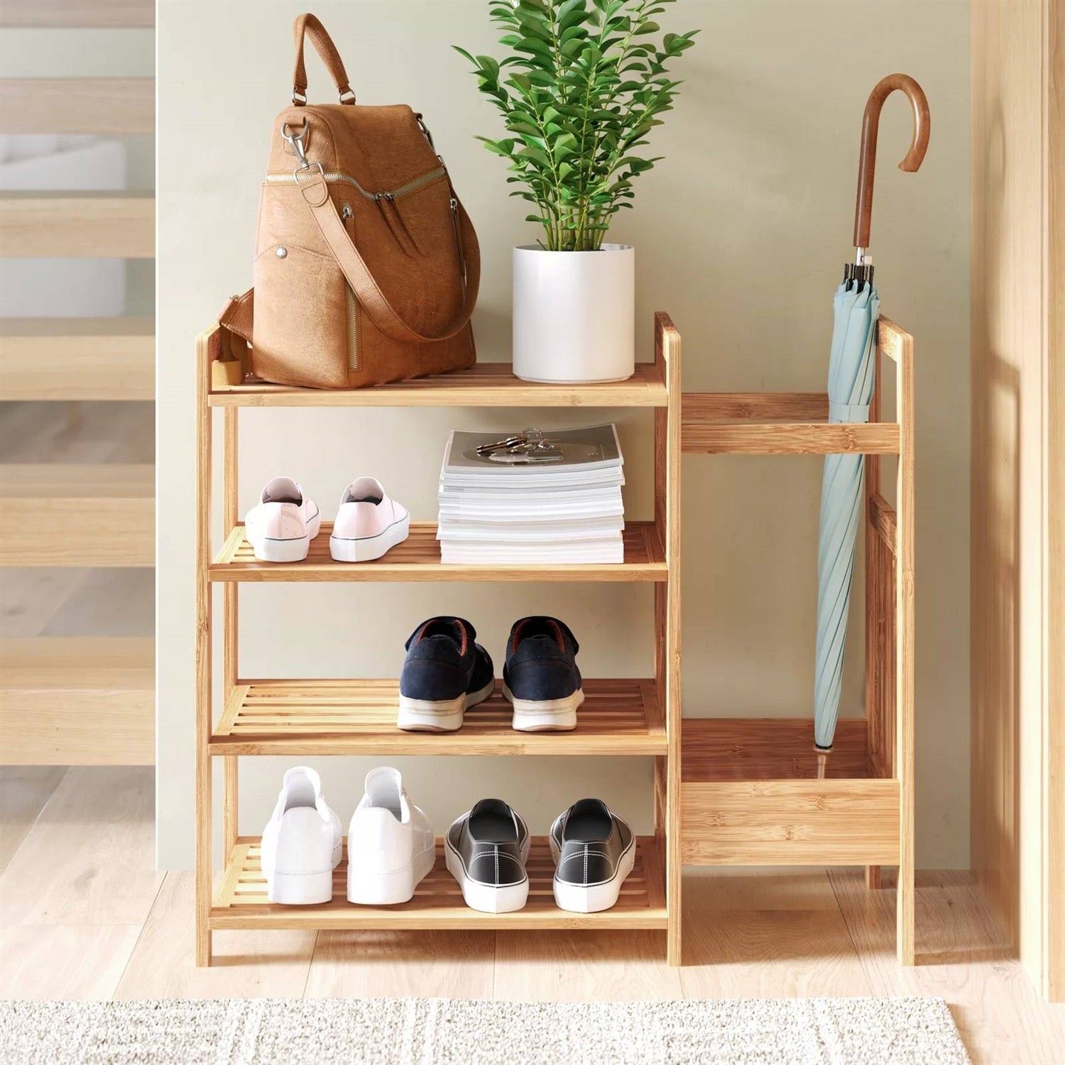 2-Shelf Entryway Shoe Rack Bench with Bla2-in-1 Entryway 4-Shelf Bamboo Shoe Rack and Umbrella Holderck Metal Frame and Brown Wood Top