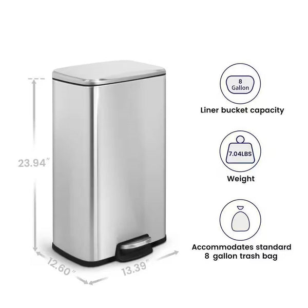 8-Gallon Stainless Steel Kitchen Trash Can with Step-on Lid
