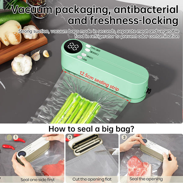 Beige cordless 3 - in - 1 food sealer. For dry/moist food, 4 bags. Seals chip bags, inflates items.