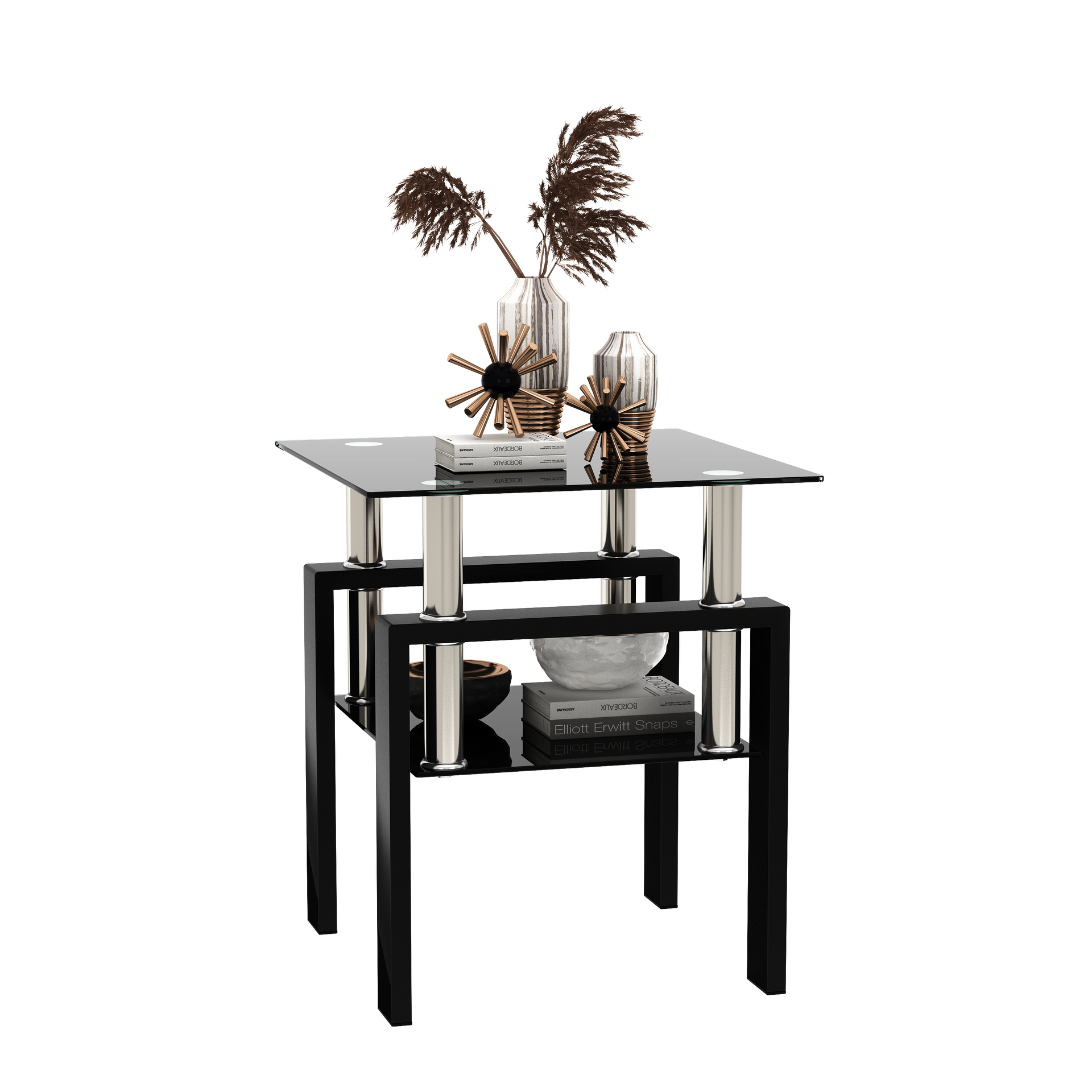 1-Piece Modern Tempered Glass Tea Table Coffee Table End Table, Square Table for Living Room, Black