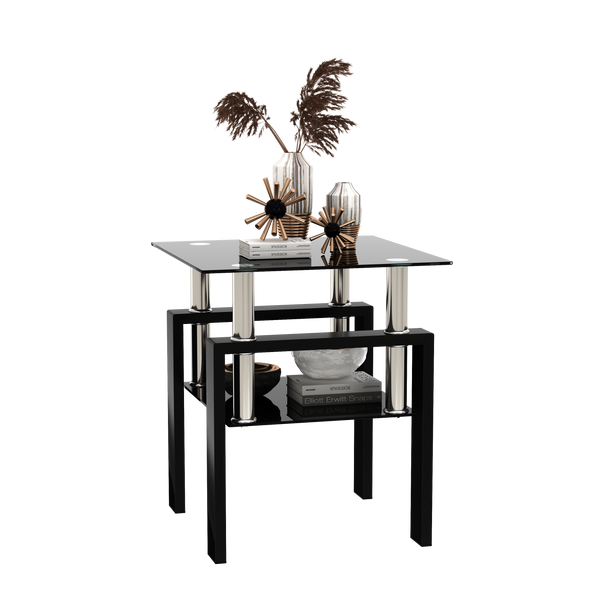 1-Piece Modern Tempered Glass Tea Table Coffee Table End Table, Square Table for Living Room, Black