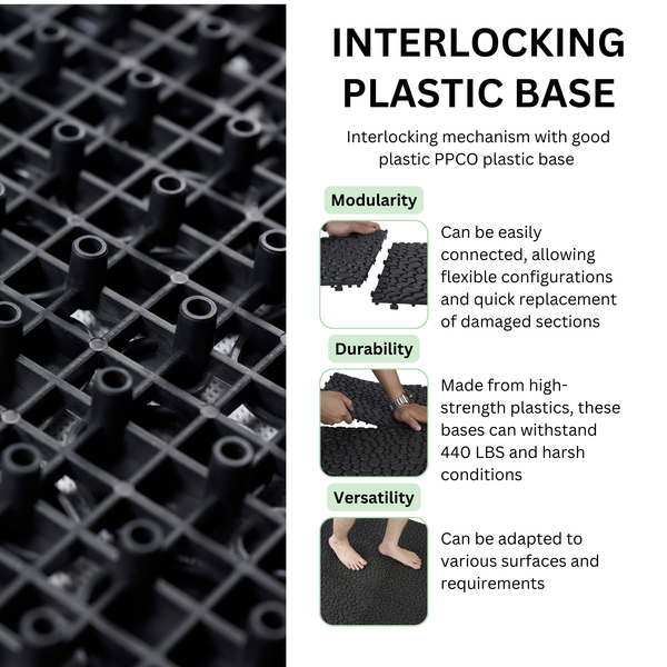 12 x 12 inch black interlocking deck tiles, plastic waterproofing, pebble pattern, pack of 12