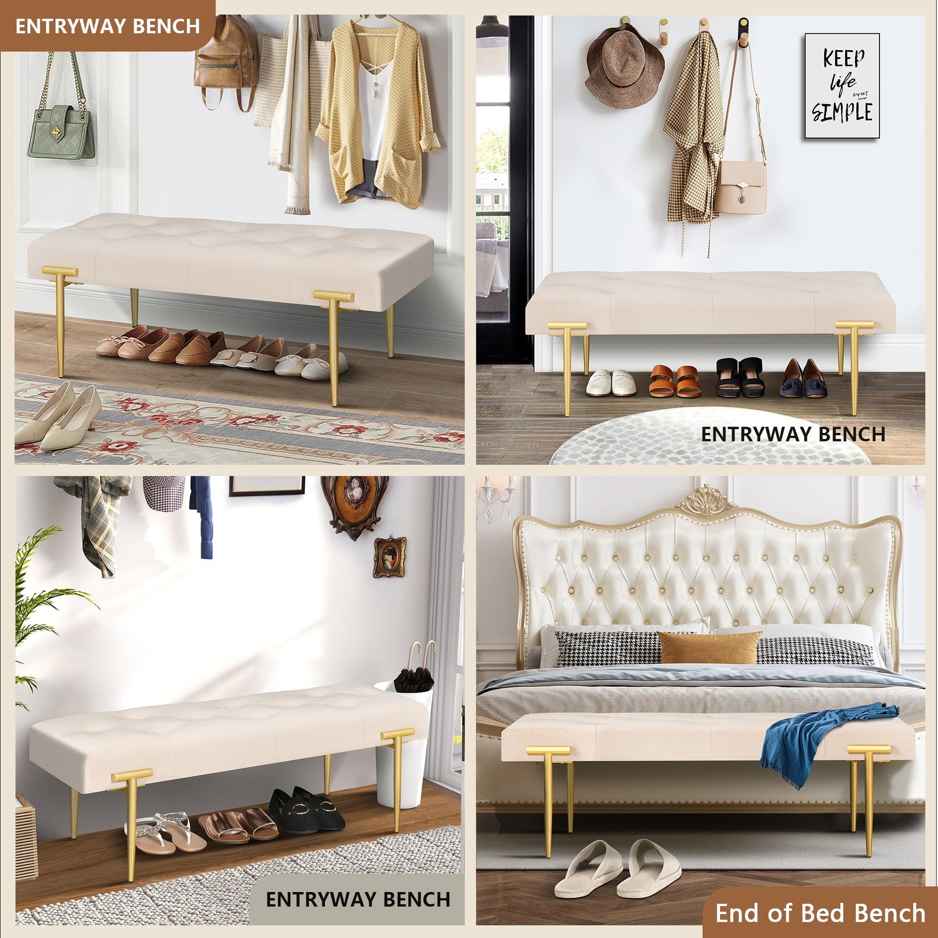 48'' Modern Ottoman Bench Velvet Bench Upholstered Footrest With Gold Metal Legs And Padded Seat For Bedroom Living Room