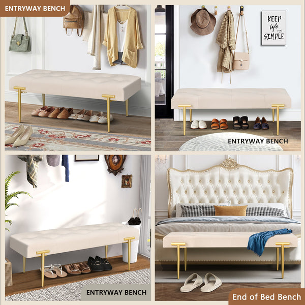 48'' Modern Ottoman Bench Velvet Bench Upholstered Footrest With Gold Metal Legs And Padded Seat For Bedroom Living Room