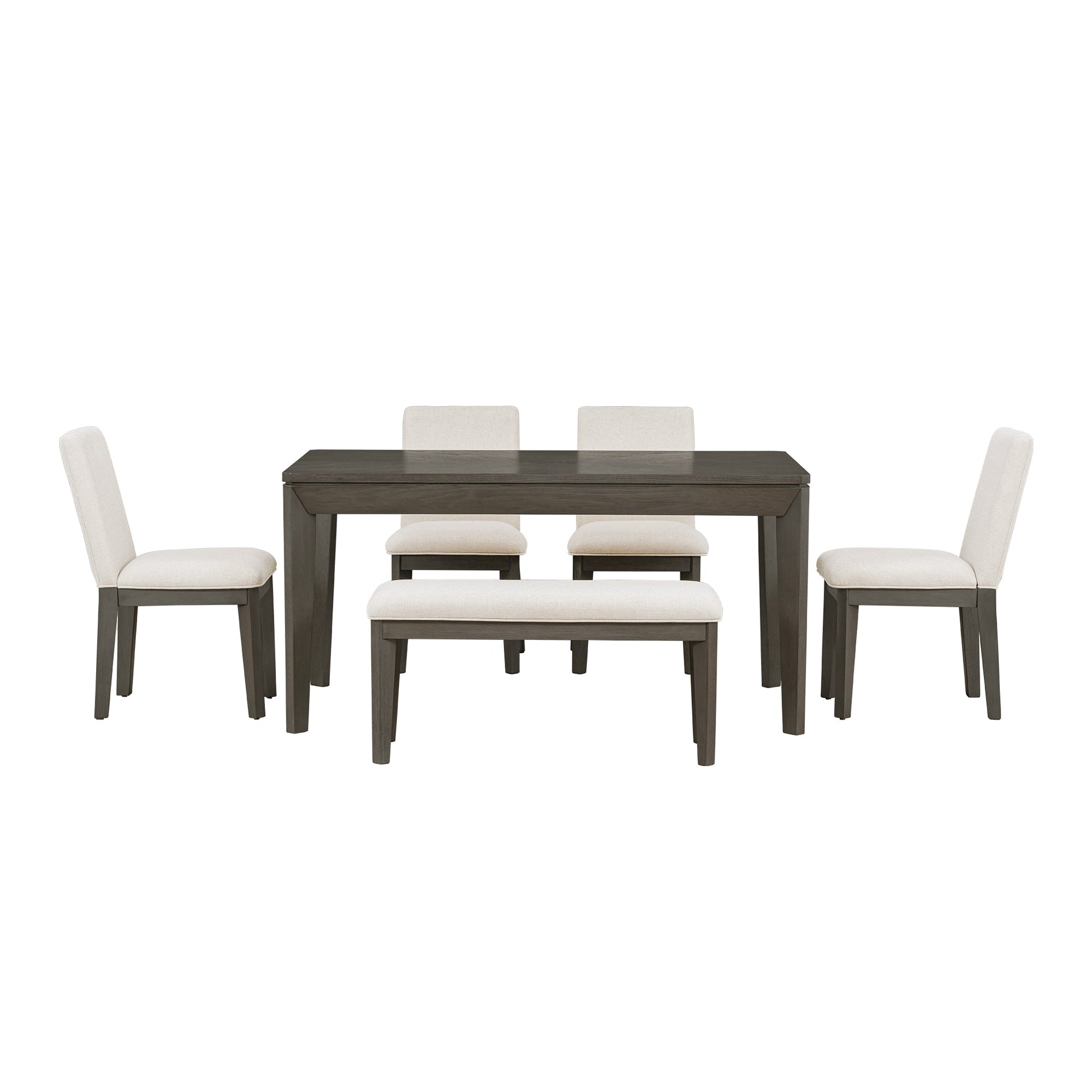 TOPMAX 6-Piece Dining Table Set with Upholstered Dining Chairs and Bench Farmhouse Style Tapered Legs Dark Gray+Beige