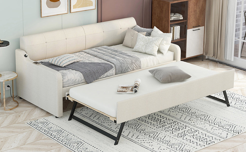 Twin Size Upholstery Daybed with Trundle and USB Charging Design Trundle can be flat or erected Beige