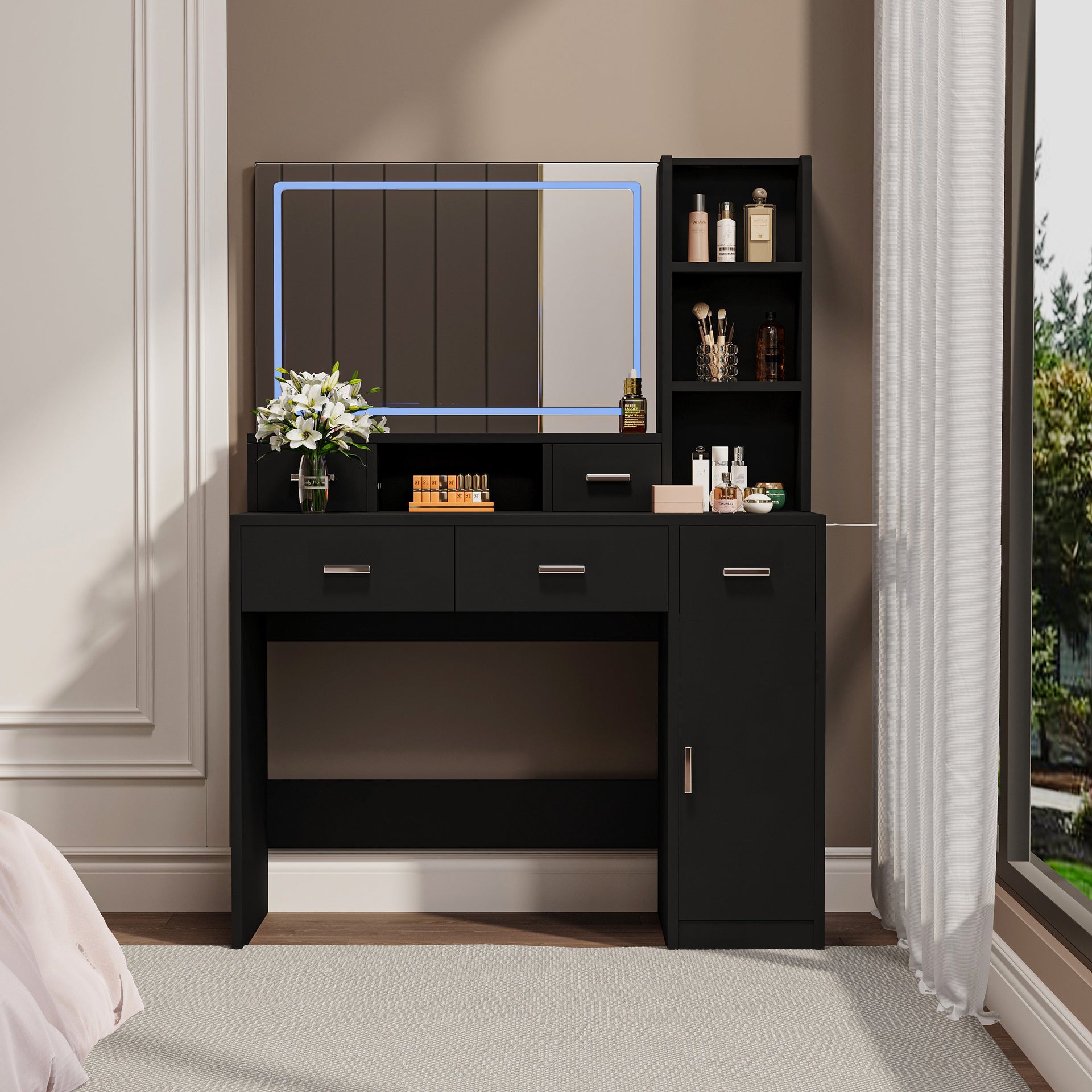 Smart mirror dressing table with drawers and storage cabinets